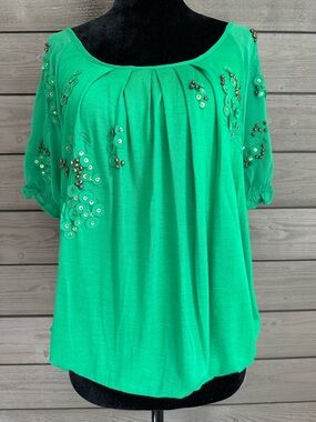 Anthropologie Leifnotes Beaded Kelly Green Women's Short Sleeve Top Size Small